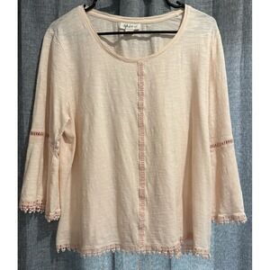 Style & Co Top Size Petite Large PL Cotton Lace Scoop Neck 3/4 Bell Sleeve Pink